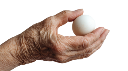 An elderly hand gently holding a white ball against a white isolated background.