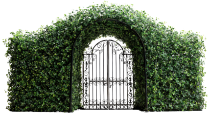 Archway covered in lush green ivy with a wrought iron gate, white isolated background.