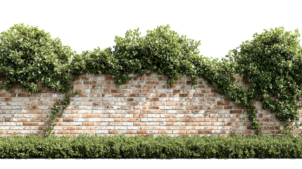 Brick wall with lush greenery and vines, isolated on white background.