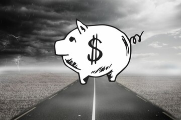 Piggy bank over street and stormy sky