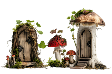 Whimsical fairy doors and mushroom houses in a magical forest setting.
