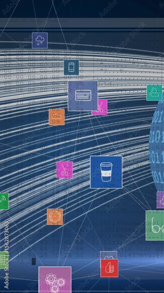 Poster animation of network of digital icons against binary coding over globe and light trails