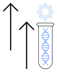 DNA strand in test tube with upward arrows and gear symbolizing genetic progress, innovation, and technology. Ideal for science, research, biotechnology, medicine, growth future education. Simple