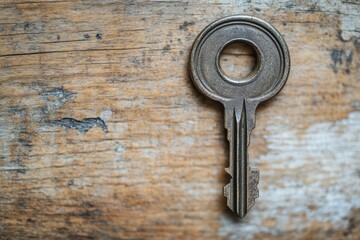 Antique key on weathered wooden surface, unlocking possibilities