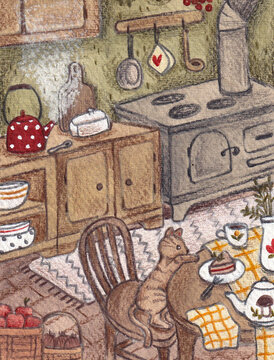 Illustration of a cat trying to eat a cake