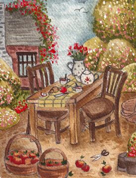Illustration of a table and chairs in a garden