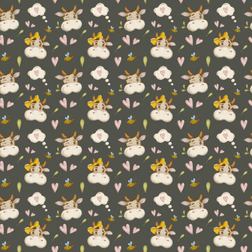 Illustration of a pattern with cows and hearts