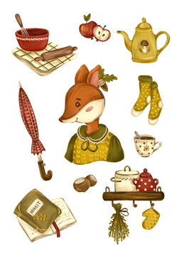 Illustration of a fox surrounded by kitchen utensils