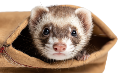Ferret peeking out from a soft bag, curious expression, fluffy fur, brown and white colors, pet portrait.
