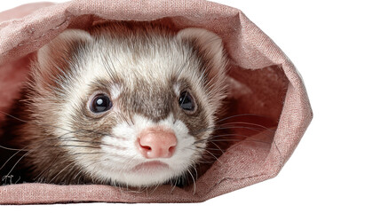 Fototapeta premium Ferret peeking out from a soft pouch, curious expression, white isolated background.