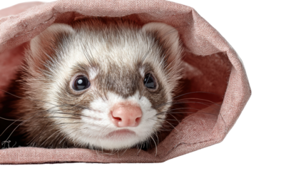 Ferret peeking out from a soft pouch, curious expression, white isolated background.
