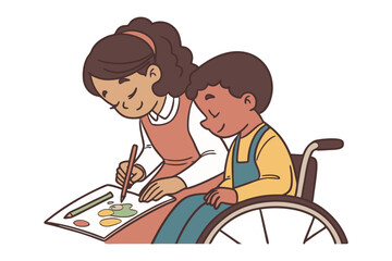 Artistic Bond: Two figures sharing a moment, the artist guides a young individual with care in an illustration of teamwork, friendship, and creative expression. 