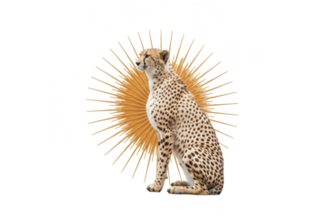 A cheetah sitting in front of a sunburst design is isolated on transparent background