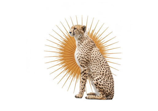 A cheetah sitting in front of a sunburst design is isolated on transparent background