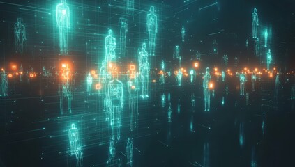 Digital silhouettes of people in a data network