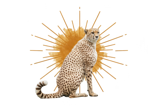 A majestic cheetah with distinctive spots sits gracefully against a golden sunburst, isolated on transparent background