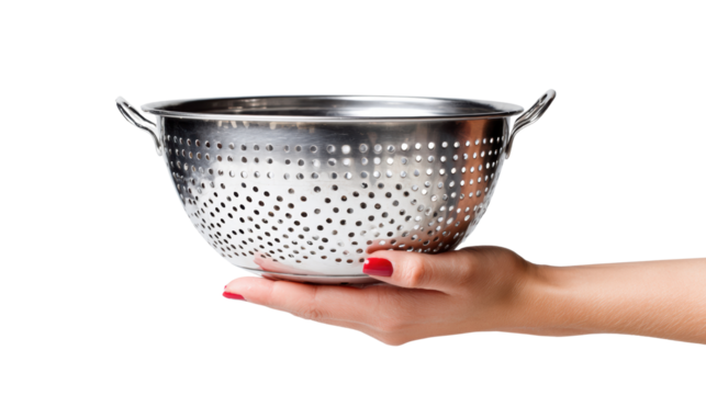 Hand holding a metal colander on a white isolated background.
