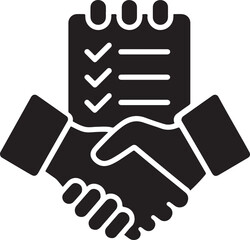 Silhouette vector of business handshake and checklist icon symbolizing agreement, partnership, and task completion.