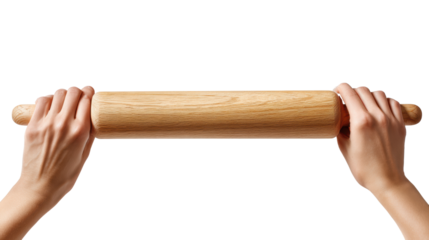 Hands holding a wooden rolling pin on a white isolate background.