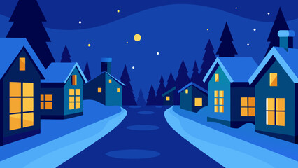Fototapeta premium Cozy Winter Night Snowy Village Street Scene Illustration