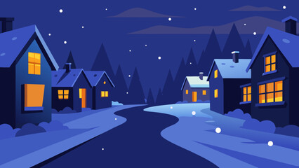 Fototapeta premium Snowy Village Night Cozy Winter Wonderland Scene Illustration