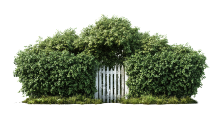 Lush green bushes with a charming white picket fence, perfect for garden scenes.