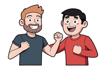 Happy Teamwork: Two happy men, shoulder to shoulder, celebrating success with raised fists.  Their joyful expressions convey camaraderie and accomplishment.