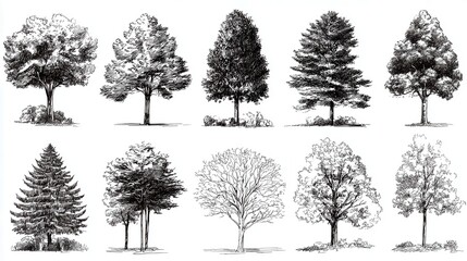 Fototapeta premium Ultra quality image of clip art collection of pencil-drawn trees, different species and foliage types in black line vector format, white background.