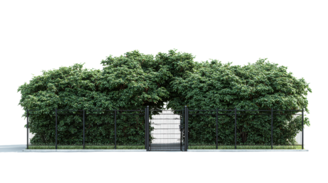 Lush green shrubbery enclosed by a modern fence, creating a natural privacy screen, white isolate background.