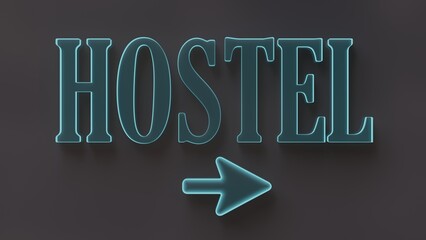 HOSTEL sign, neon light text and direction arrow isolated on black