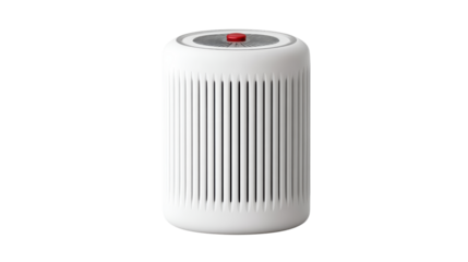 Modern white air purifier with a red button, designed for contemporary living spaces, isolated on white background.