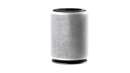 Modern smart speaker on white isolated background, sleek design with fabric texture for contemporary decor.