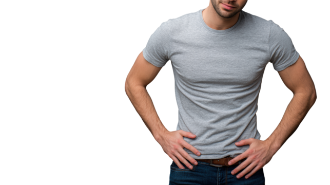 Man in gray t-shirt posing with hands on hips, isolated on white background.
