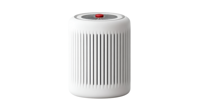 Modern white air purifier with a red button, designed for contemporary living spaces, isolated on white background.