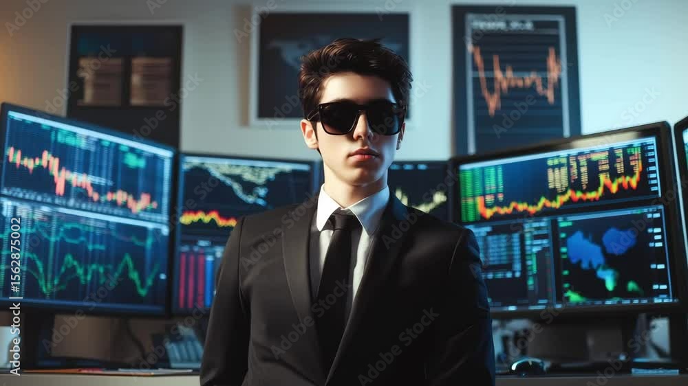 Poster confident business professional in suit standing in front of multiple screens with financial data an