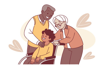 Intergenerational Togetherness: A heartwarming illustration depicting a joyful moment as grandparents support a young child in a wheelchair, illustrating themes of inclusivity and familial bond.