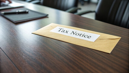 Tax finance budget, Financial accounting concepts. Close up of tax notice envelope wooden office table, financial document, stress . Payment, Debt, Penalty, Credit, Bill, Businessman, Office, Money