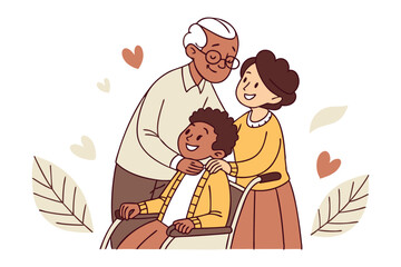 **Family Moments of Warmth:** An illustration of a multigenerational family, where an elderly couple lovingly embraces a child in a wheelchair, symbolizing support and affection.