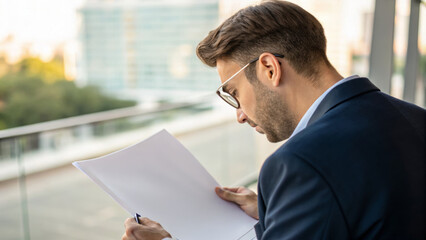 Tax finance budget, Financial accounting concepts. Over shoulder view of businessman analyzing document outdoors, focused . Payment, Debt, Penalty, Credit, Bill, Businessman, Office, Money