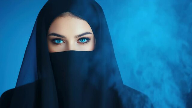 Mysterious woman with intense blue eyes black niqab and hijab, female portrait with veil, traditional Islamic clothing, blue smoky background, captivating gaze, cultural fashion, elegance, and beauty
