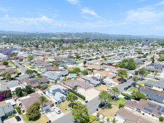 Day time aerial view of the Uptown area of Whittier with house and street, California, USA