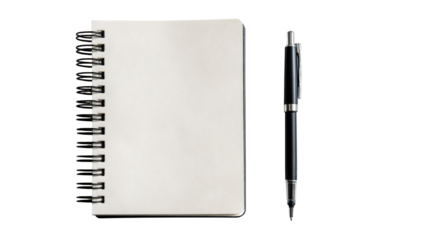 Spiral notebook with blank pages and a black pen beside it on a white background.