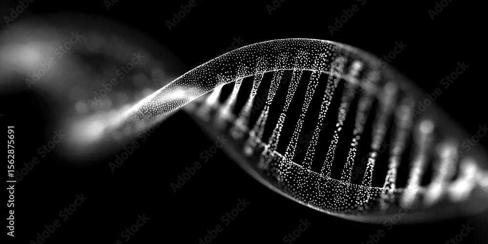 Poster a monochrome rendering of a dna strand made of tiny dots against a stark black background