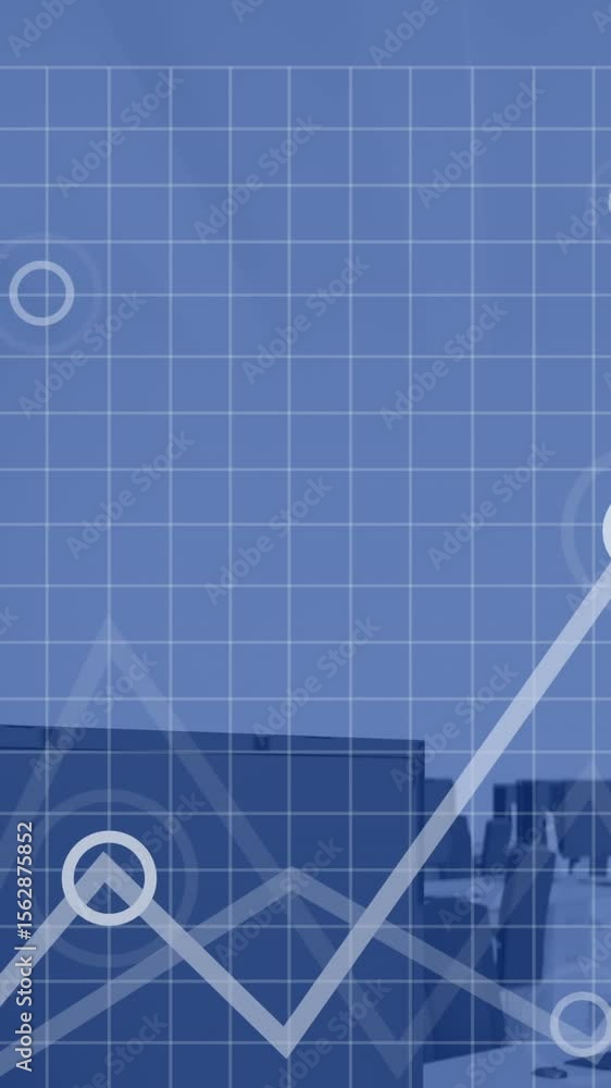 Poster world map, charts and graphs processing data over computers on desks in empty office