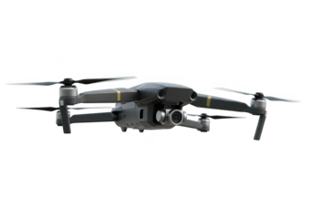 A gray drone with propellers isolated on transparent background hovers, ready for aerial photography
