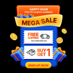 3d mega sale popup dialog with gift vouchers coupon, free shipping, buy 1 get 1 free, happy hour, isolated on background with coins and gift boxes flying around. Discount popup banner in 3d vector