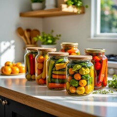Five jars of colorful pickled vegetables sit on a kitchen counter bathed in natural light, showcasing a vibrant, fresh, and healthy food preparation scene.