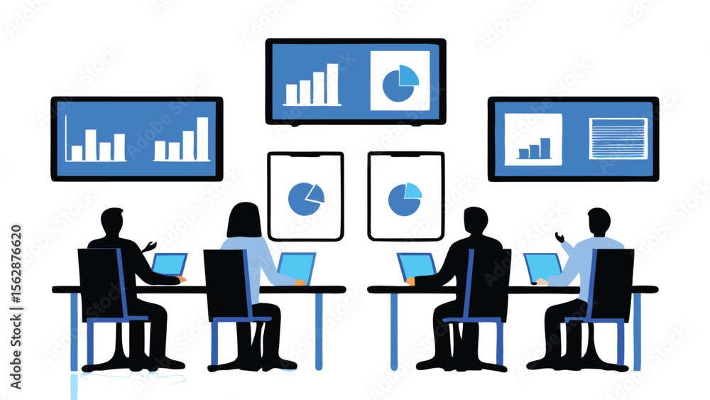 Poster business meeting with charts and graphs displayed on screens and people using laptops at tables