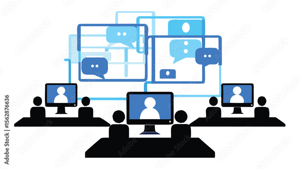 Poster people attending a virtual meeting with speech bubbles and computer screens displayed in the image