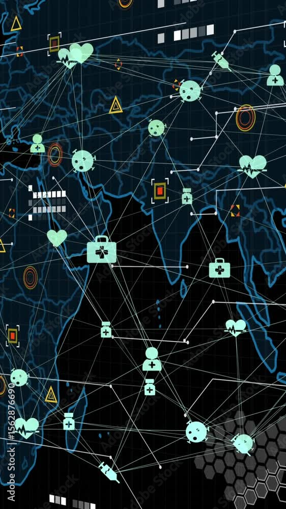 Poster animation of connected icons forming globe over geometric shapes on map against black background